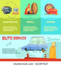 Auto service infographic set with diagnostics refill and repair symbols cartoon  vector illustration 