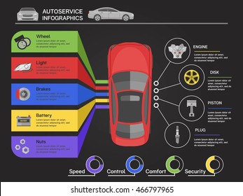 Auto service infographics with car of view from top machine details diagrams on black background vector illustration