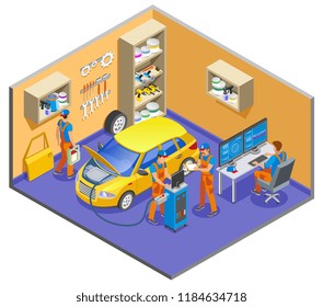 Auto service isometric composition with diagnostics and repair symbols vector illustration