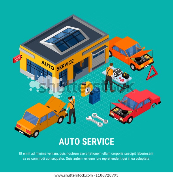 Auto service isometric concept with\
diagnostics and equipment symbols vector illustration\
