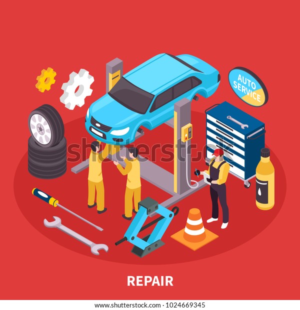 Auto service isometric concept with repair\
works symbols vector illustration\
