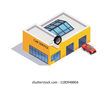 Auto service isometric icon with car. Flat vector style illustrarion