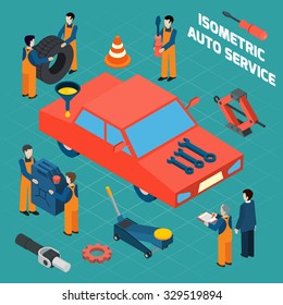  Auto service  isometric icons set with red car people in workwear spare parts and tools  isolated vector illustration