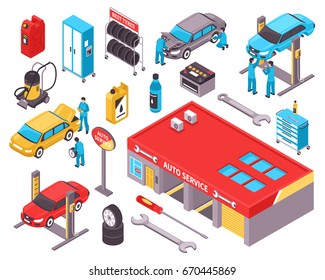 Auto serviço de ícones isométricos conjunto com carros ferramentas de reparação de equipamentos de diagnóstico garagem espaço isolado vetorial ilustração