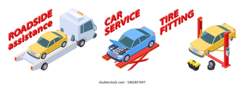 Auto service isometric. Roadside assistance, tire fitting, car repair service vector illustration. Isometric cars, tow truck, wheels