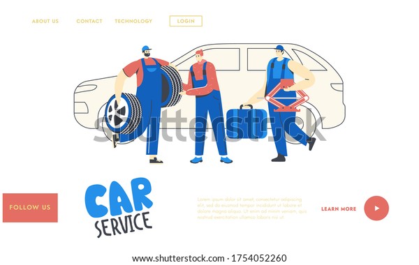 Auto Service Landing Page Template.\
Mechanics Male Characters with Instruments. Car Diagnostics and\
Repair. Men Station Staff Work. Auto Checking, Maintenance and\
Fixing. Linear Vector\
Illustration