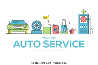 auto service landscape concept. Thin line icons with flat background design. Worker mechanic repairs a car on the garage. Vehicle station with workshop tools