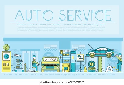 auto service landscape concept. Thin line icons with flat background design. Worker mechanic repair a car on the garage. Vehicle station with workshop tools