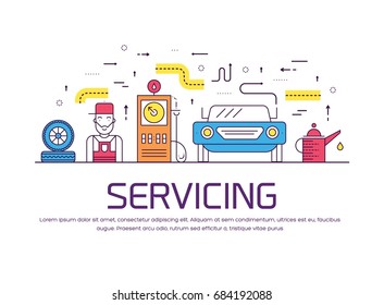 auto service landscape concept. Thin line icons with flat background design. Worker mechanic repair a car on the garage. Vehicle station with workshop tools