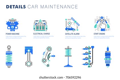 Auto service. Line composition. Machine  technology operations. Diagnostics machine centre. Car maintenance. Awesome details really style. Automobile engine pictogram and icons for web.