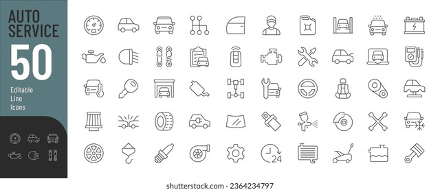 Auto Service Line Editable Icons set. Vector illustration in modern thin line style of car repair related symbols: bodywork, repair, engine, diagnostic, car parts, and more. Isolated on white
