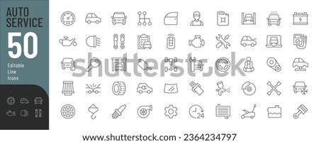 Auto Service Line Editable Icons set. Vector illustration in modern thin line style of car repair related symbols: bodywork, repair, engine, diagnostic, car parts, and more. Isolated on white