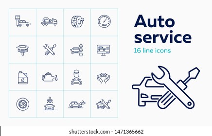 Auto service line icon set. Set of line icons on white background. Auto concept. Car, checking, machine oil, master. Vector illustration can be used for topics like car, auto, mechanical, service