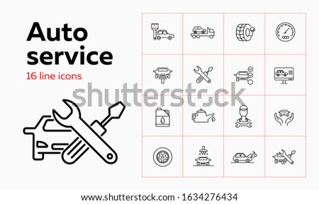 Auto service line icon set. Set of line icons on white background. Auto concept. Car, checking, machine oil, master. Vector illustration can be used for topics like car, auto, mechanical, service