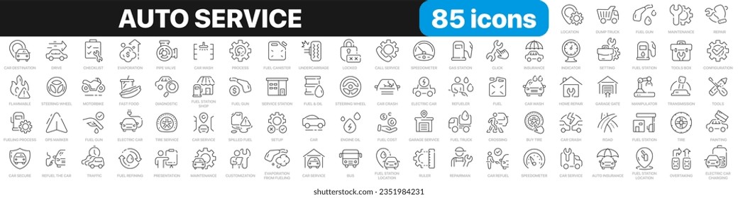 Auto service line icons collection. Fuel, vehicle, insurance, repair, garage icons. UI icon set. Thin outline icons pack. Vector illustration EPS10