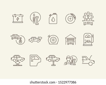 Auto service line icons. Set of line icons. garage, accumulator, petrol station. Car repair concept. Vector illustration can be used for topics like car service, business, advertising