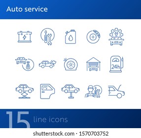 Auto service line icons. Set of line icons. garage, accumulator, petrol station. Car repair concept. Vector illustration can be used for topics like car service, business, advertising