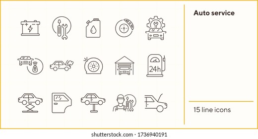 Auto service line icons. Set of line icons. garage, accumulator, petrol station. Car repair concept. Vector illustration can be used for topics like car service, business, advertising