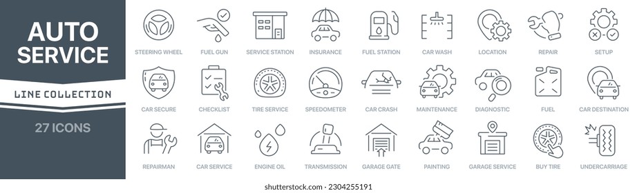 Auto service linear signed icon collection. Signed thin line icons collection. Set of auto service simple outline icons