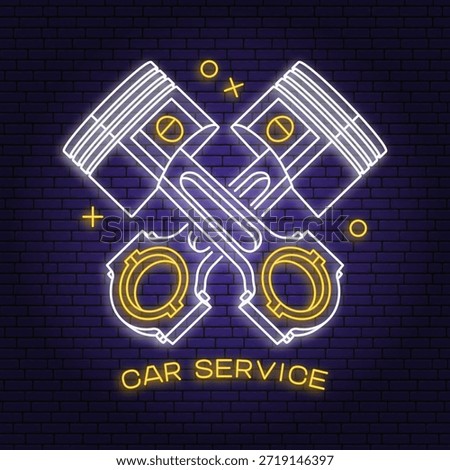 Auto service logo, emblem, badge in neon style. Vector. Service car repair, restoration with automobile tools pistons. Auto repair emblem sign, night bright advertising car service