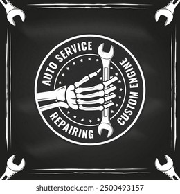 Auto service logo, emblems, badges, sticker on the chalkboard. Vector. Service car repair, restoration and car club design elements.