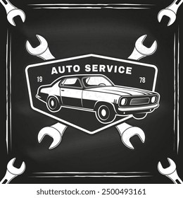 Auto service logo, emblems, badges, sticker on the chalkboard. Vector. Service car repair, restoration and car club design elements.