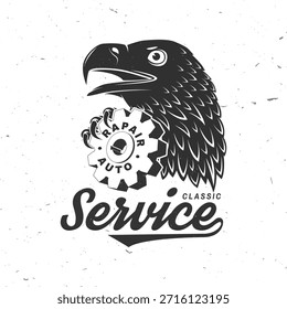 Logotipo de servicio automático, emblemas, insignias e iconos. Vector. Para el centro de reparación del coche del servicio experto, la restauración y el club del coche con el águila y la silueta del engranaje del vehículo