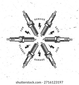 Auto Service Logo, Embleme, Abzeichen und Symbole. Vektor. Für fachkundigen Service Auto Reparatur-Center, Restaurierung und Auto-Club mit Funken Plug Silhouette
