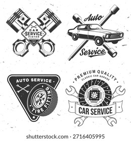 Logotipo de servicio automático, emblemas, insignias e iconos. Vector. Para el centro de reparación del coche del servicio experto, la restauración y el club del coche con la llave inglesa, el embrague del vehículo, la silueta de los pistones de las herramientas del automóvil