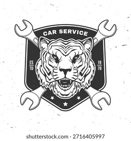 Logotipo de servicio automático, emblemas, insignias e iconos. Vector. Para el centro de reparación del coche del servicio experto, la restauración y el club del coche con la silueta del tigre y del engranaje del vehículo