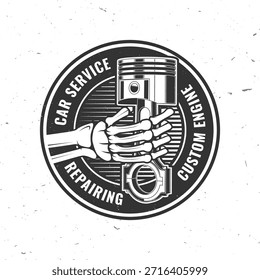 Auto Service Logo, Embleme, Abzeichen und Symbole. Vektor. Für Experten-Service Auto-Reparatur-Center, Restaurierung und Auto-Club mit menschlichen Skelett Hand halten Automobil-Werkzeuge Kolben Silhouette
