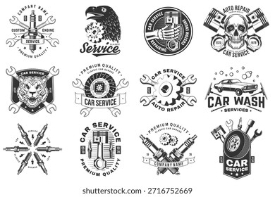 Auto service logo, emblems, badges and icons. Vector. For expert service car repair center, restoration and car club with wrench, gears, spark plug, skull, automobile tools pistons silhouette