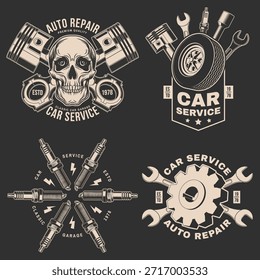 Logotipo de servicio automático, emblemas, insignias e iconos. Vector. Para el centro de reparación del coche del servicio experto, la restauración y el club del coche con la llave inglesa, engranajes, bujía, cráneo, silueta de los pistones de las herramientas del automóvil