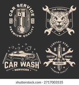 Logotipo de servicio automático, emblemas, insignias e iconos. Vector. Para el centro de reparación del coche del servicio experto, la restauración y el club del coche con la llave inglesa, engranajes, bujía, tigre, silueta de los pistones de las herramientas del automóvil