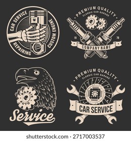 Auto service logo, emblems, badges and icons. Vector. For expert service car repair center, restoration and car club with wrench, eagle, vehicle clutch, automobile tools pistons silhouette