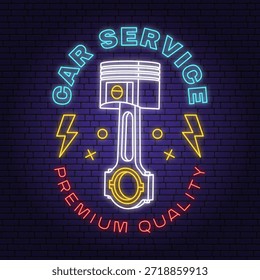 Auto service logo, emblems, badges in neon style. Vector. For expert service car repair center, restoration with automobile tools piston. Auto repair emblem sign, night bright advertising car service