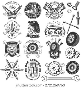 Logotipo de servicio automático, emblemas, insignias e iconos. Vector. Para el centro de reparación del coche del servicio experto, la restauración y el club del coche con la llave inglesa, engranajes, bujía, cráneo, silueta de los pistones de las herramientas del automóvil