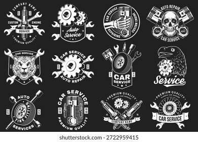 Auto Service Logo, Embleme, Abzeichen und Symbole. Vektor. Für Experten-Service Auto-Reparatur-Center, Restaurierung und Auto-Club mit Schlüssel, Zahnräder, Zündkerze, Schädel, Automobil-Werkzeuge Kolben Silhouette