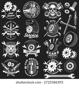 Auto Service Logo, Embleme, Abzeichen und Symbole. Vektor. Für Experten-Service Auto-Reparatur-Center, Restaurierung und Auto-Club mit Schlüssel, Zahnräder, Zündkerze, Schädel, Automobil-Werkzeuge Kolben Silhouette