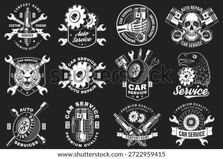 Auto service logo, emblems, badges and icons. Vector. For expert service car repair center, restoration and car club with wrench, gears, spark plug, skull, automobile tools pistons silhouette