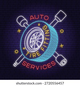 Auto-Service-Logo, Embleme im Neonstil. Reifenbeschlag. Vektor. Service Auto Reparatur, Restaurierung und Auto Club Design-Elemente. Auto Reparatur Emblem Zeichen, Nacht helle Werbung Auto Service