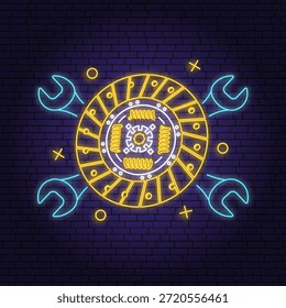 Logotipo de servicio automático, emblemas en estilo neón. Vector. Para servicio experto centro de reparación de automóviles, restauración y club de automóviles con llave y embrague del vehículo. Señal del emblema de la reparación auto, coche publicitario brillante de la noche