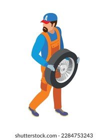 Auto service mechanic holding tyred wheel isometric icon 3d vector illustration