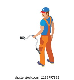 Auto service mechanic in uniform holding bicycle handle bar isometric icon 3d vector illustration