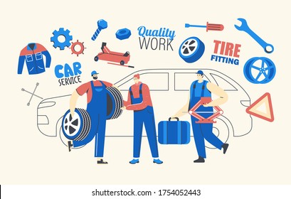 Caracteres de mecánica de servicio automático con instrumentos. Diagnósticos y reparación de coches. Personal de la Estación de Servicio de Uniformes Azules. Comprobación automática, mantenimiento y corrección. Ilustración de vectores de personas lineales