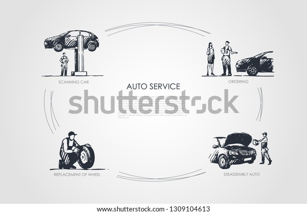 Auto service - ordering, scanning car,\
disassembly auto, replacement of wheel vector concept set. Hand\
drawn sketch isolated\
illustration
