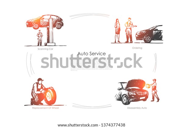 Auto service - ordering,\
scanning car, disassembly auto, replacement of wheel vector concept\
set