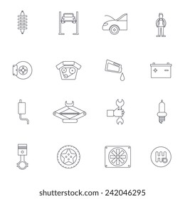 Auto service outline icon set with vehicle parts brakes and service isolated vector illustration