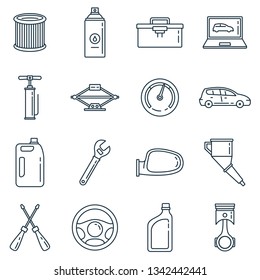 Auto service outline vector icons set. Linear collection with car, pump and fuel isolated on white background