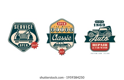 Auto Service and Repair Badges with Retro Car Vector Set